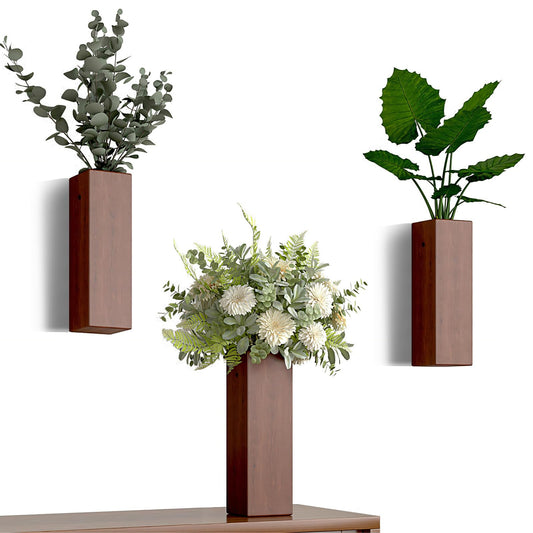 Ciwuchan Wall Mount Wood Vase for Living Room,Modern Wood Planter Art Decor for Fake Plants Greenery Flowers,Farmhouse Bedroom Kitchen Dinning Bathroom Home Office Decoration (Brown)