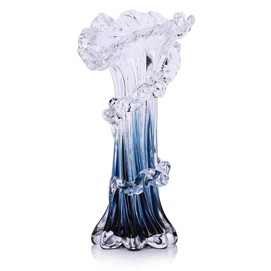 Hand Blown Blue Glass Vase, Unique Art Beautiful Ocean Glass Vase for Coastal Home Decor, Coffee Table, Living Room, Office Decor - 9.8" H (Medium)