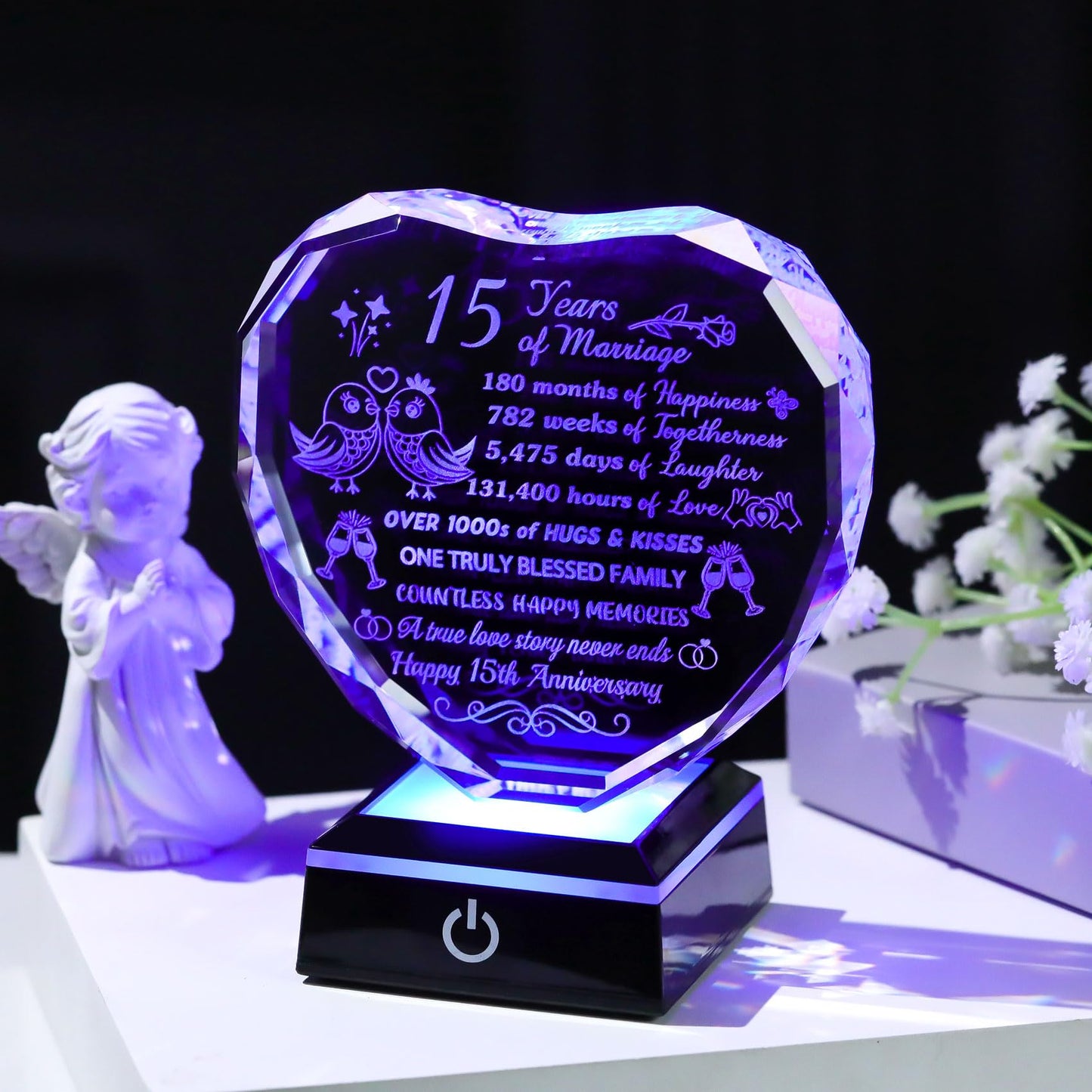 Arikyrist 15th Wedding Anniversary Crystal Heart Keepsake with Multicolor LED Base – Romantic 15 Years Marriage Gift for Couples Wife Husband Ideal Present for Christmas Valentine's Day