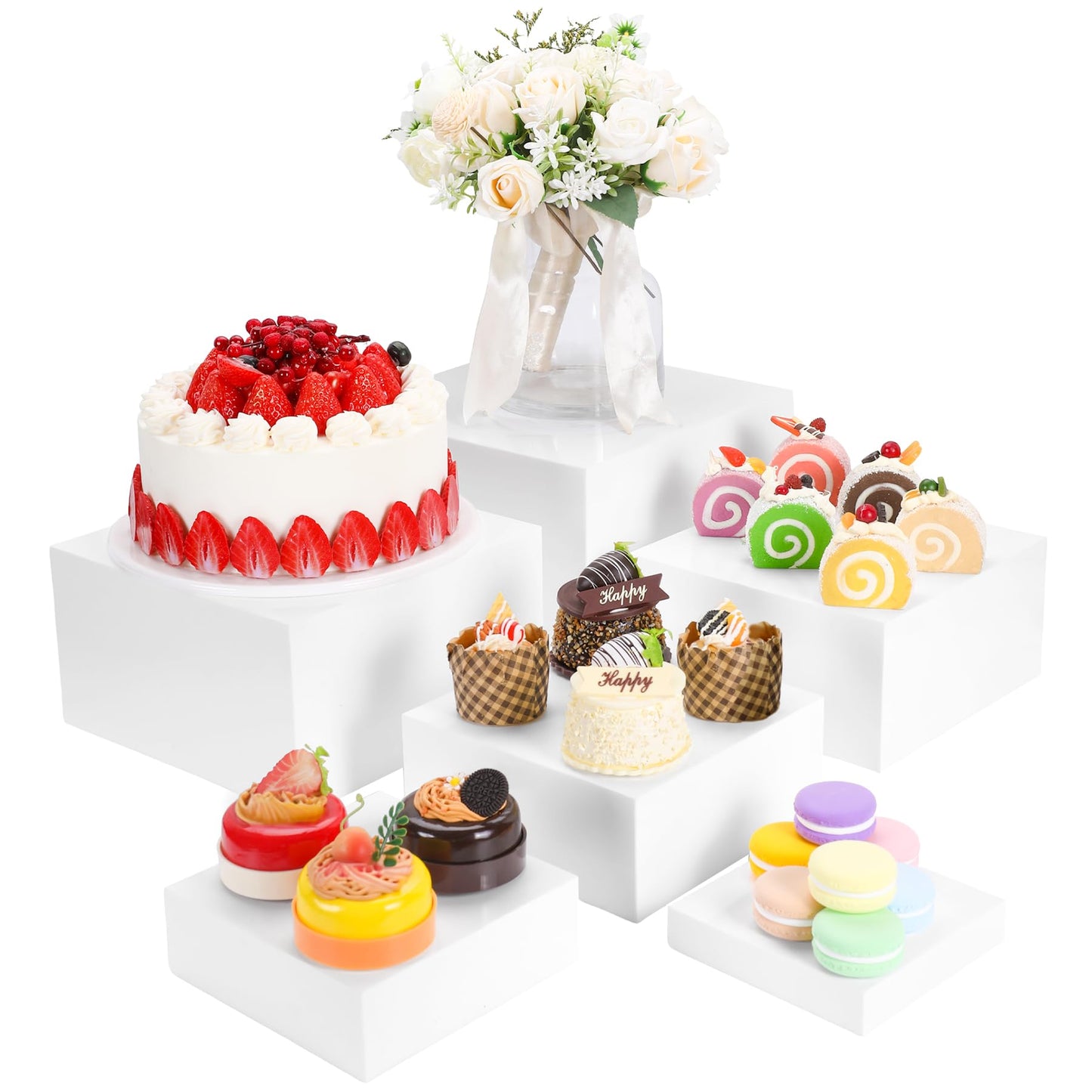 Acrylic Buffet Risers and Stands, Food Risers for Buffet Table, Food Display Stands for Party Catering Dessert Collectibles, White Acrylic Cube Nesting Boxes with Hollow Bottoms (White, 5IN-10IN)