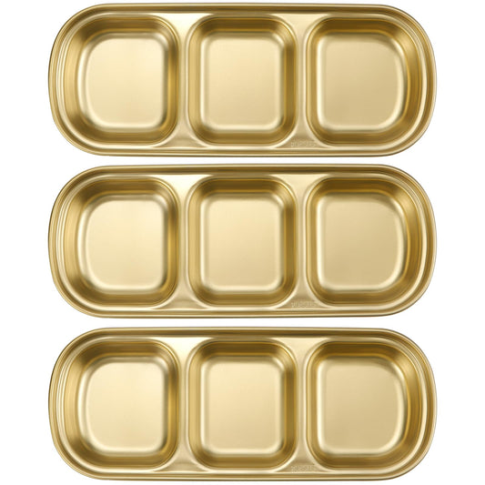 LCJAOF 3Pcs Stainless Steel Dipping Bowls-3 Compartment Appetizer Serving Tray, Soy Sauce Dish for Condiments, BBQ Sauce, and Seasoning, Dishwasher Safe, Gold