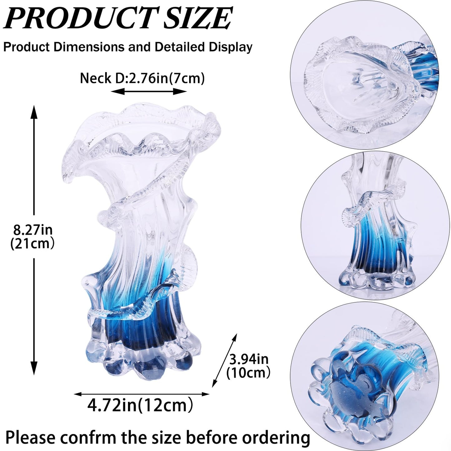 Unique Hand Blown Blue Glass Vase - Artistic Blue Gradient Flower Vase for Home Decor, Centerpieces & Office Shelf