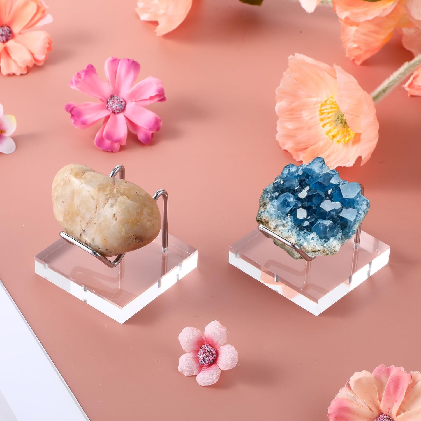 HOFURME 8 Pcs Rock Display Stand, Crystal Stands for Display with Metal Arms & Acrylic Base, Rock Stand for Minerals, Geodes, Agate Chips, Art Pieces (Silver)