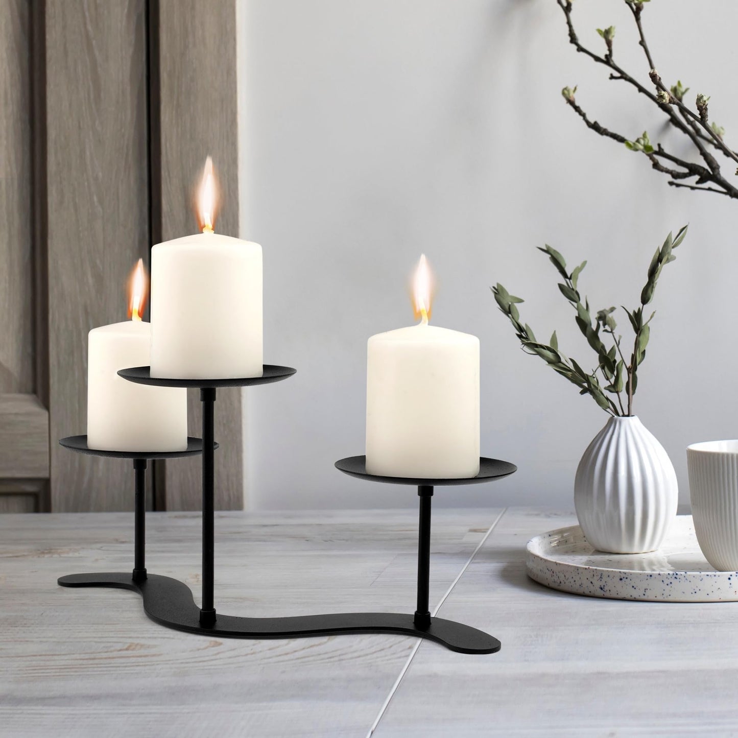 3-Arm Iron Candelabra Candle Holder -10 Inch Waved for Pillar Candles