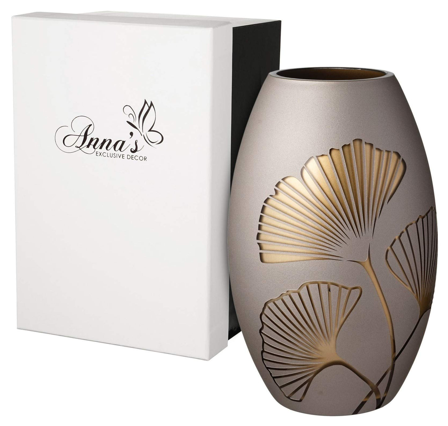 Golden Glass Vase - Etched & Painted Gold Ginkgo Leaves Decor - Mouth Blown Thick Glass - Elegant Home Wedding Decor - Golden Gift Box - 9.1 in (23 cm)