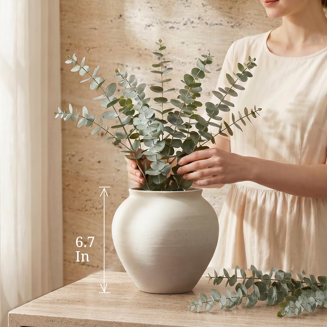 YVTVY Ceramic Vase 6.7", Textured Ribbed Flower Vase for Pampas Grass, Cream Beige Wabi-Sabi Handmade Pottery Vase, Rustic Farmhouse Table Centerpiece for Entryway Shelf Nightstand Decor