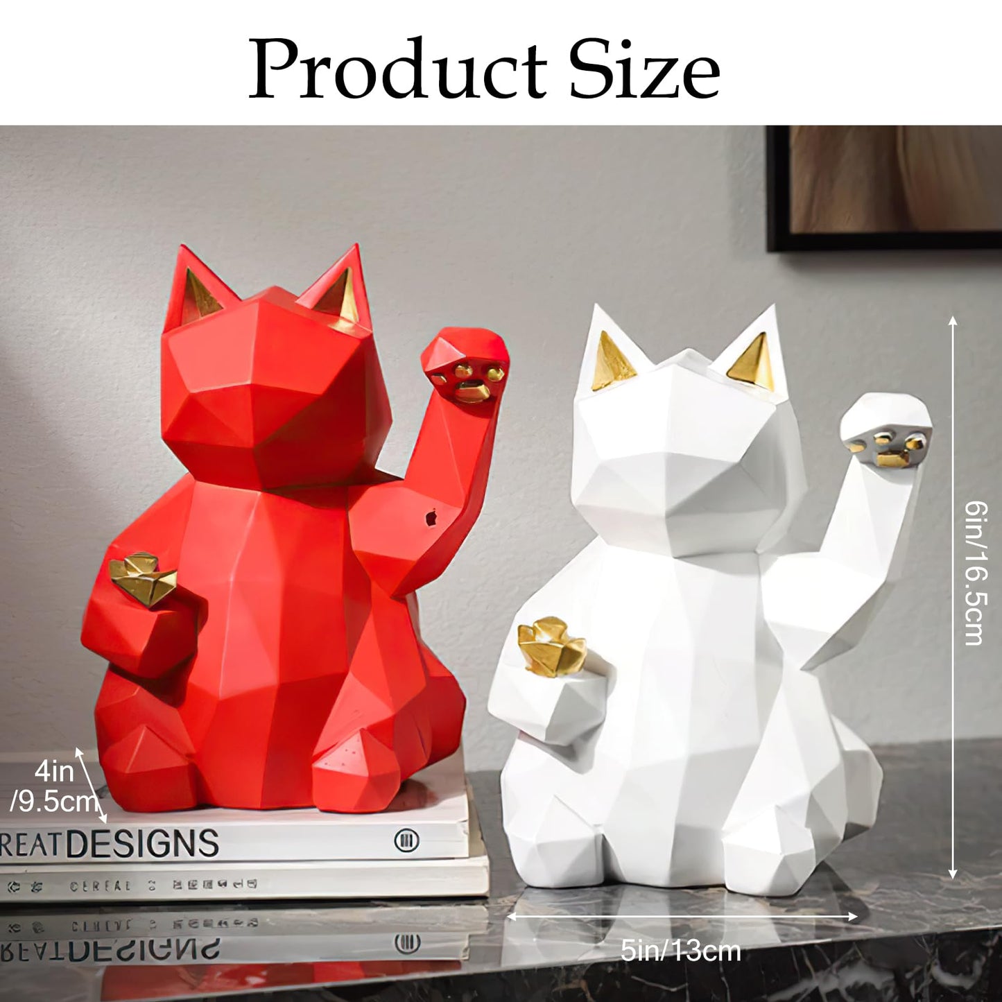 Milnnie Geometric Lucky Cat Figurine 4"x5"x6" – Resin Maneki Neko Feng Shui Decor, Modern Fortune Cat Sculpture for Living Room, Office, Desktop, Bar Cabinet (White)