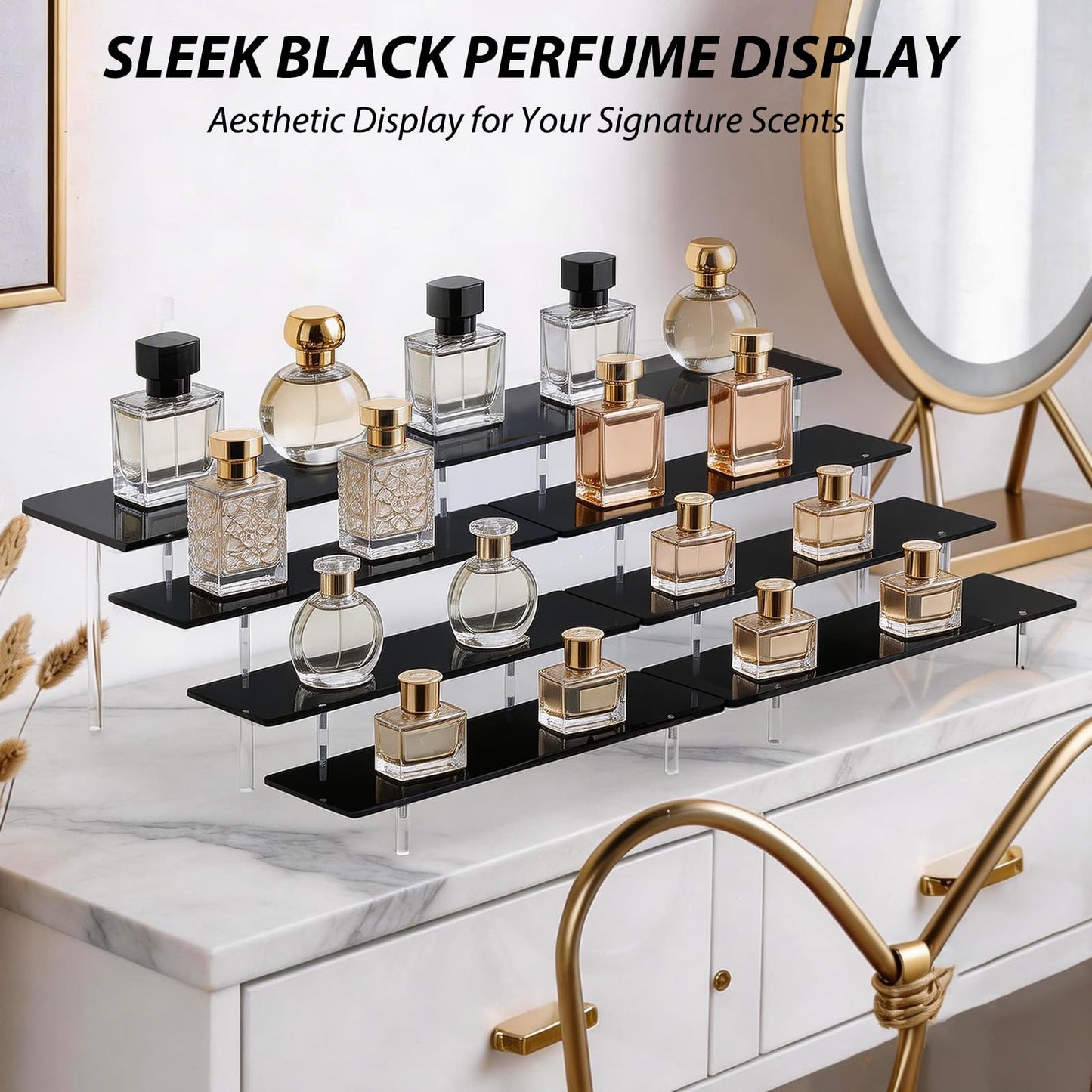 Acrylic Display Stands Risers, Perfume Cologne Organizer, Black 4 Tier Cupcake Stand Riser Shelf Compatible with Funko Pop Figures Food Dessert Makeup Skincare Cosmetics Lotion Organizer (2 PACKS)