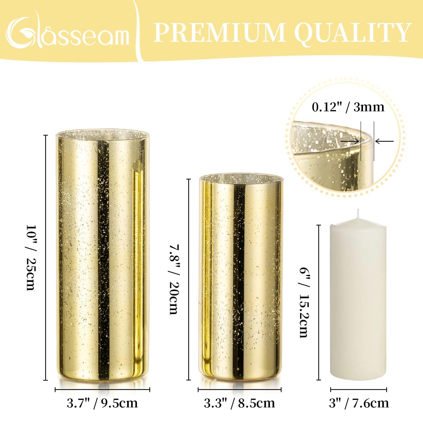 Glasseam Gold Cylinder Vases for Centerpieces: 12 Modern Mercury Hurricane Glass Vase Set for Flowers - Decorative Golden Pillar Candle Holders for Wedding Party Dining Room Table Decor