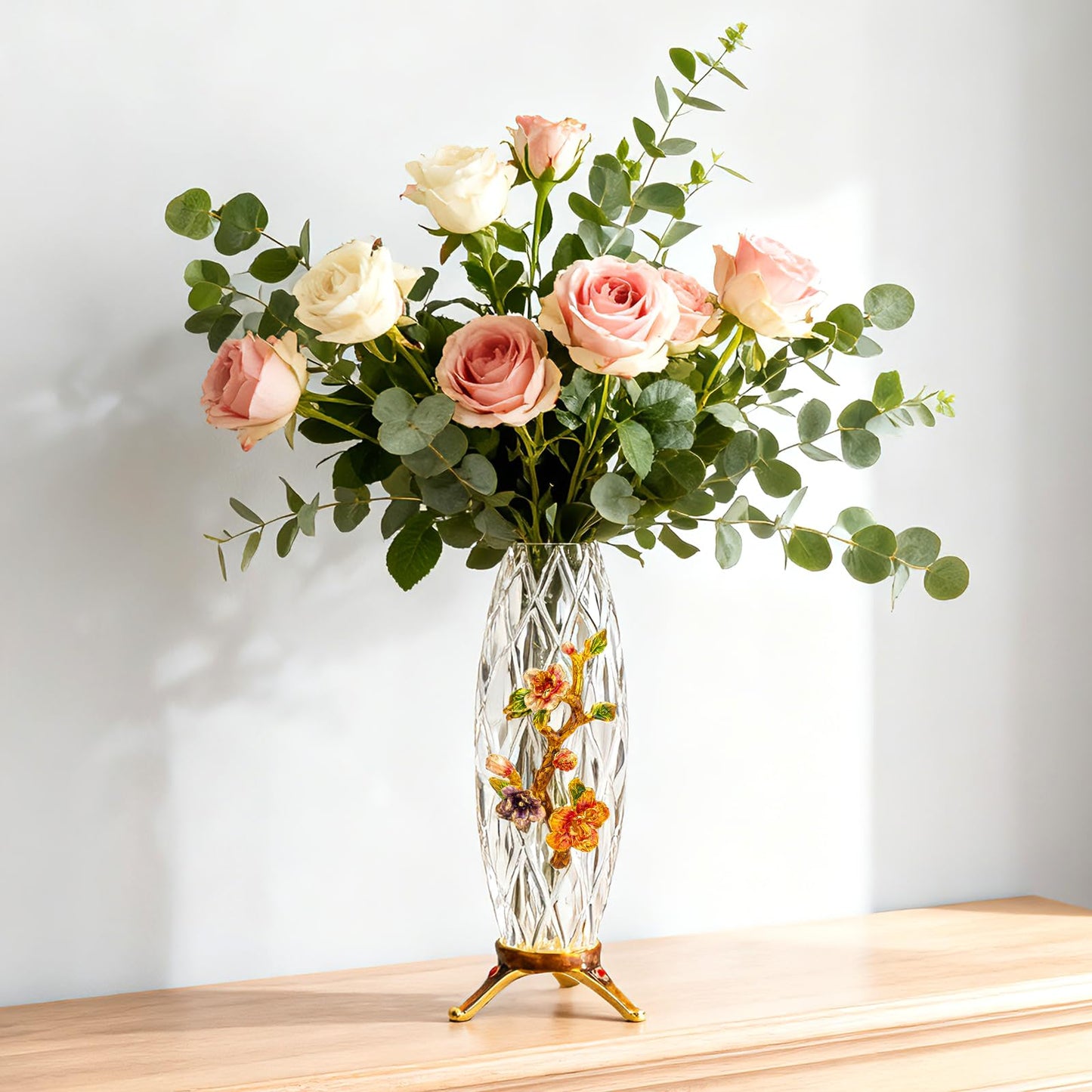 Handcrafted Enamel Crystal Glass Vase | 10-Inch Decorative Begonia Flower Vase for Home, Wedding, and Gift