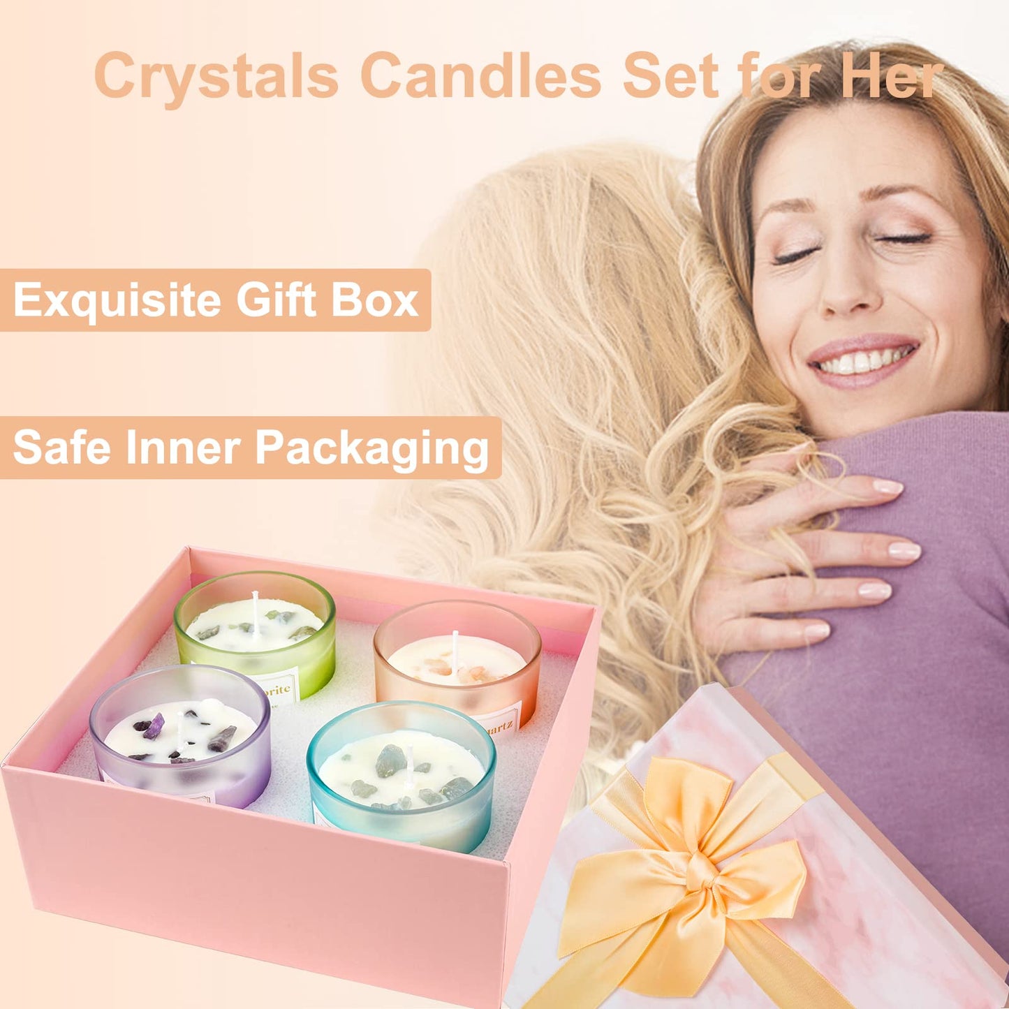 4 Pack Scented Candles with Healing Crystals, Rose, Sage and Amethyst