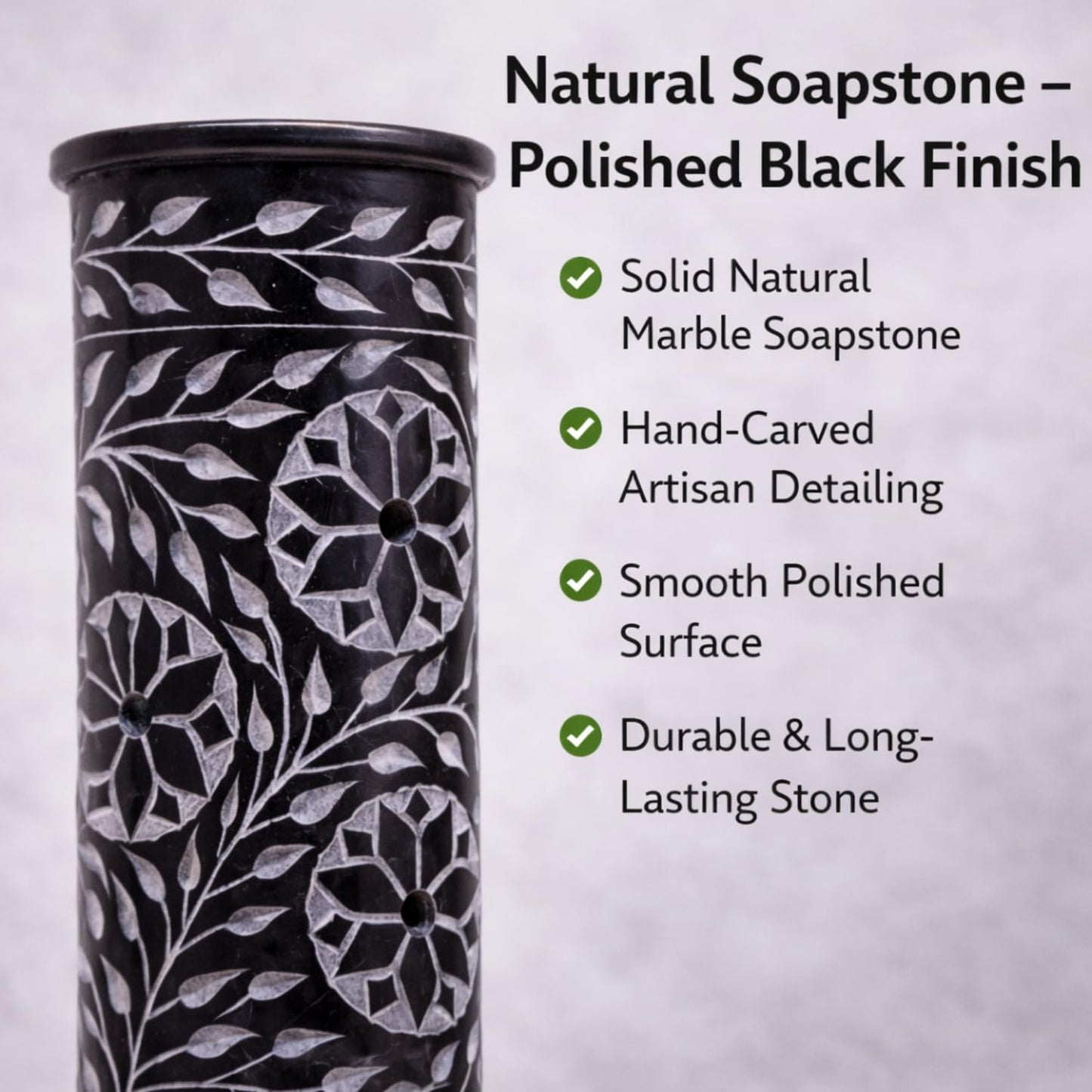 KC KULLICRAFT Hand Carved Marble Soapstone Incense Stick Holder – Black Incense Burner with Ash Catcher Base, Tea Light & Camphor Holder, Decorative Home & Puja Decor (3 x 3 x 10 Inch).