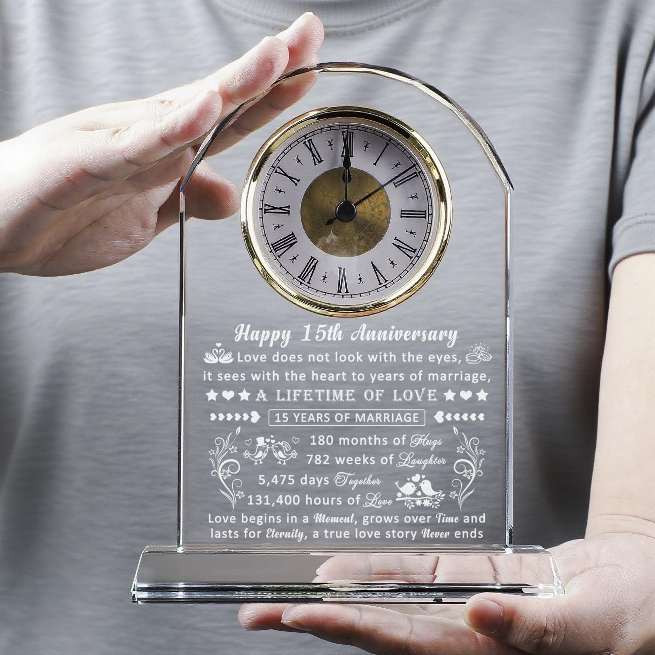 QIANRUNA 15 Year Anniversary Clock Gifts for Him Her, 15th Anniversary Romantic Gifts for Couple, 15 Year Crystal Anniversary Wedding Gifts for Wife Husband Women Men, 15 Years of Marriage Gifts