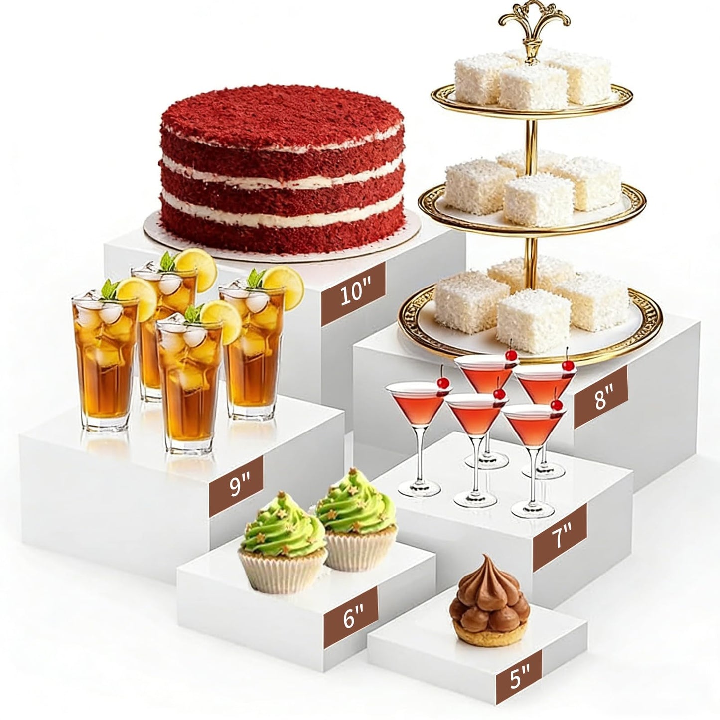 Buffet Risers Set, 6 PCS White Buffet Table Display Stand(Size 5",6",7",8",9",10"), Food Display Risers for Party, Acrylic Cube Boxes, Display Stand Shelf for Party, Catering, Jewelry & Collectibles