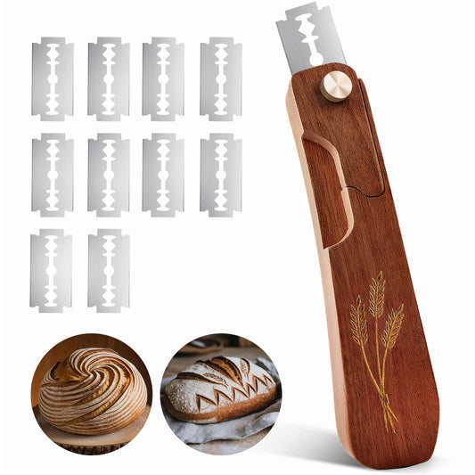 Drcomtruing Wooden Bread Lame Dough Scoring Tool, Handcrafted Bread Scoring Tool for Sourdough Bread Baking, Upgraded Sourdough Scoring Tool With Screw Lock & 10 Razor Blades(Reddish Brown)