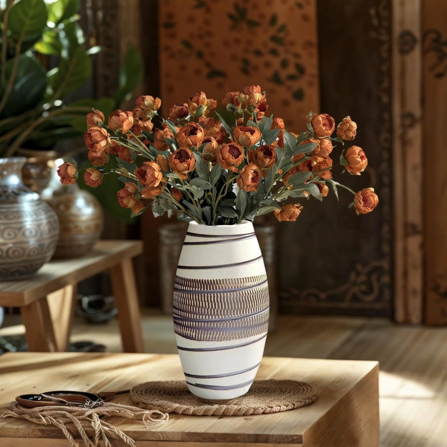 Ceramic Flower Vase – Rustic elegant Farmhouse Decor – 8.7” Decorative Textured Flower Vase for Living Room , Table Styling & office