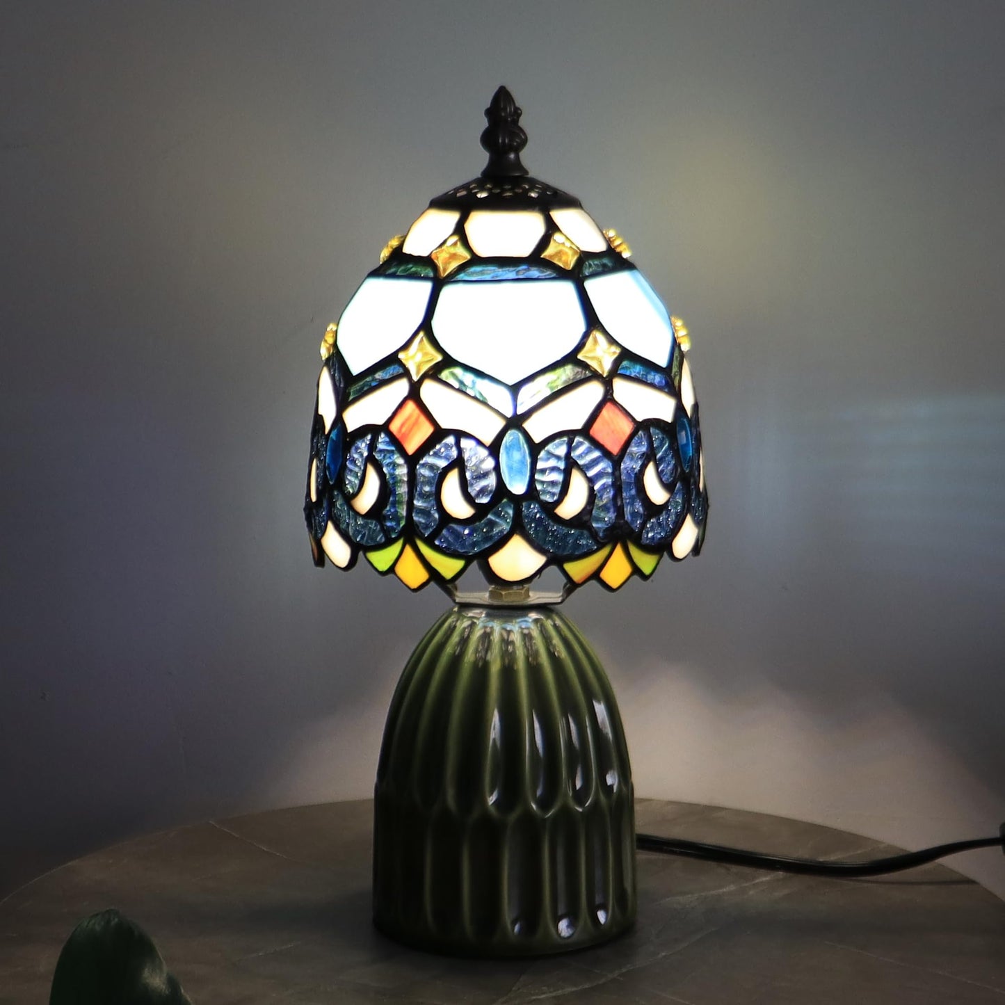 HTDSC Tiffany Stained Glass Table Lamp Blue Crystal Baroque 12.5 Inch