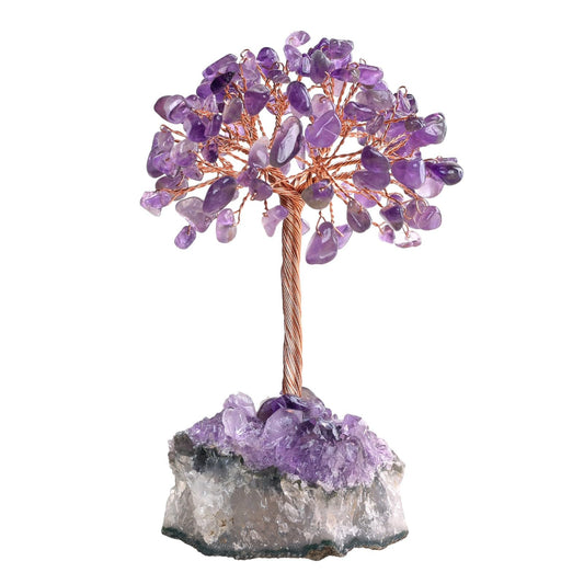SUNYIK Natural Amethyst Crystal Tree on Amethyst Crystal Cluster Base Wire Wrapped Chip Stones Bonsai Money Tree Home Office Decor for Good Luck Wealth