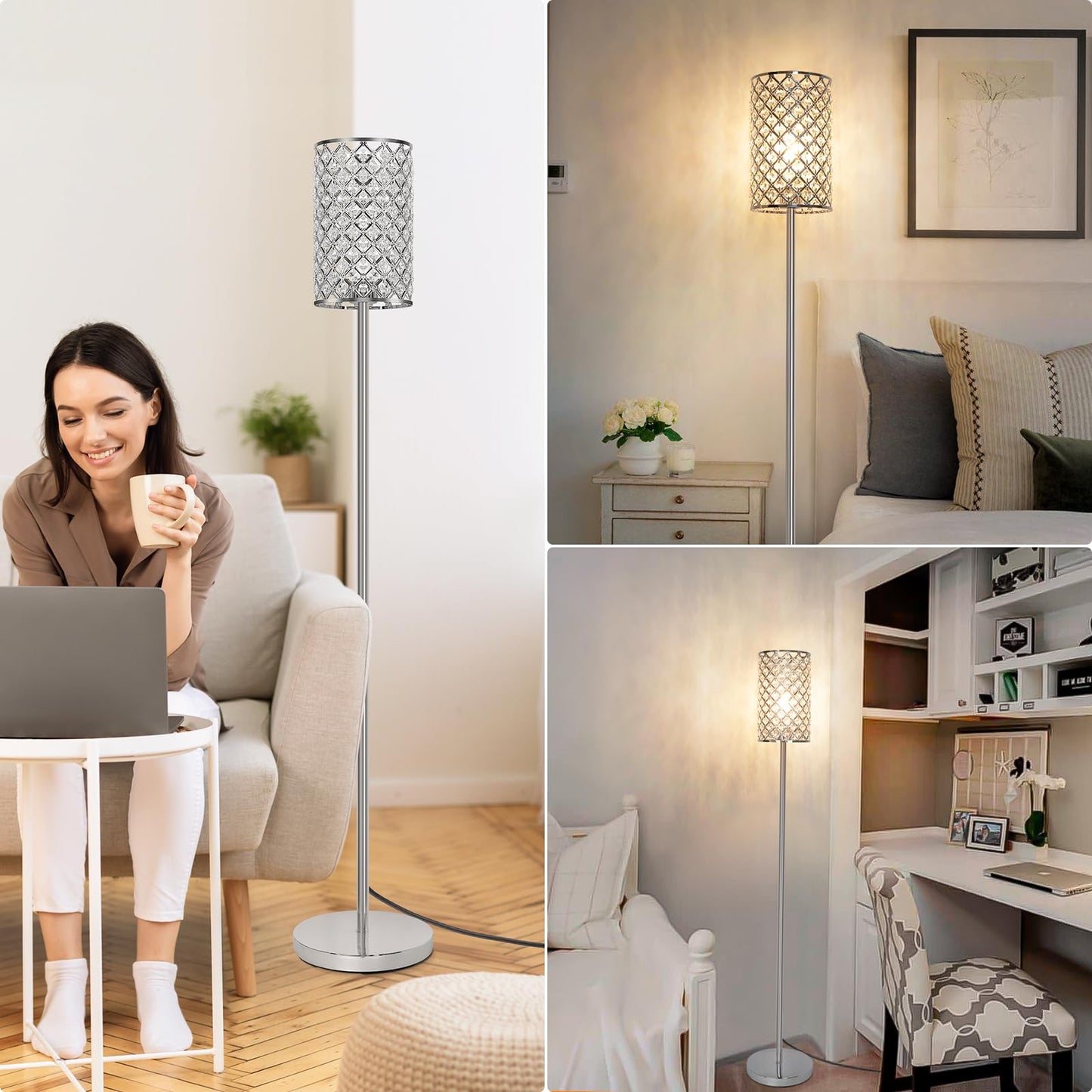 Crystal Floor Lamp, Silver Tall Pole Lamp with On/Off Foot Switch
