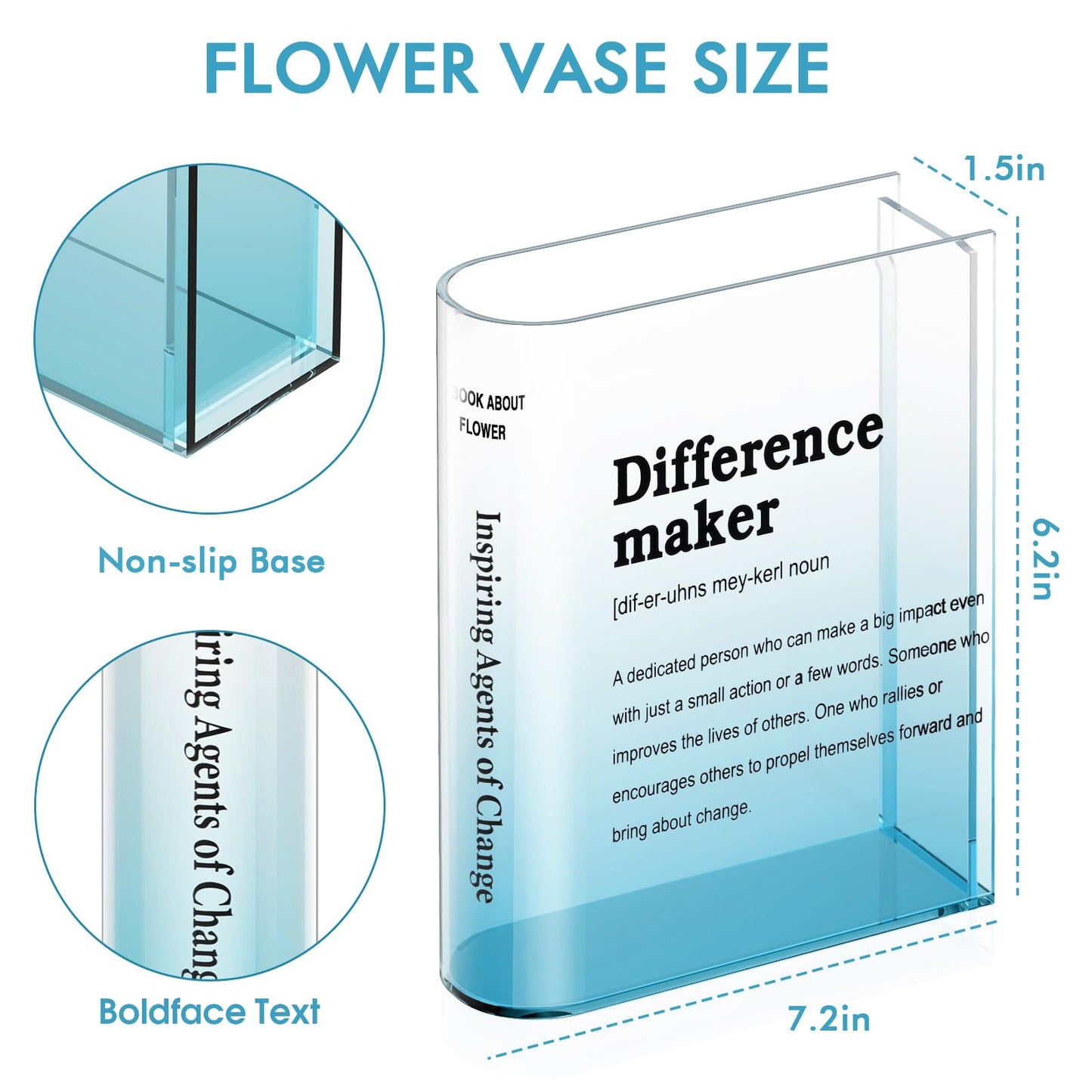 BuyCard Clear Acrylic Book Vase for Flowers, Transparent Book Flower Vase for Home Decor, Simplicity Bookshelf Decor, Unique Stuff for Book Lovers, Difference Maker, Gift to Motivate (Blue)