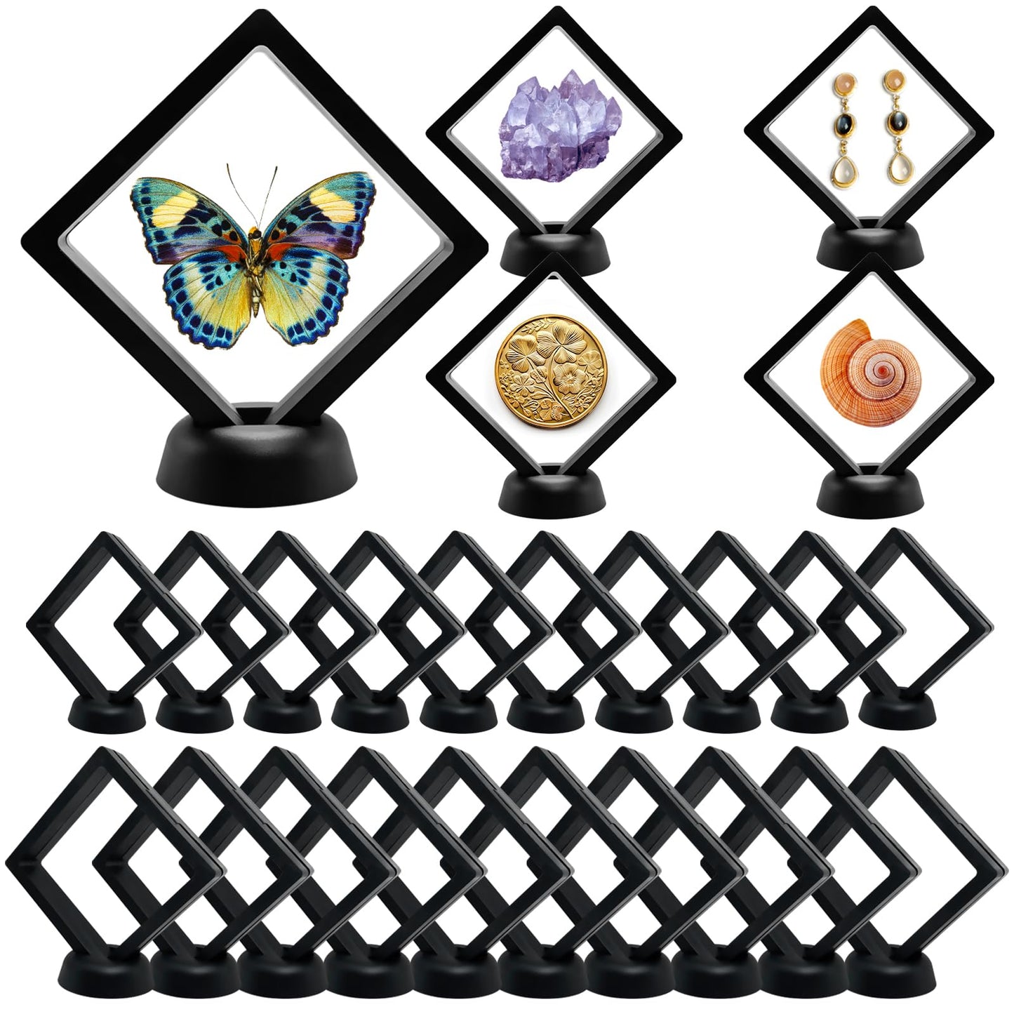 3D Floating Frame Display Cases, 20Pcs Transparent PE Film Jewelry Storage Box with Base Challenge Coin Display Frames Holder Stands Small Shadow Box Frame for AA Medallions Medal, Rock, Ring Necklace