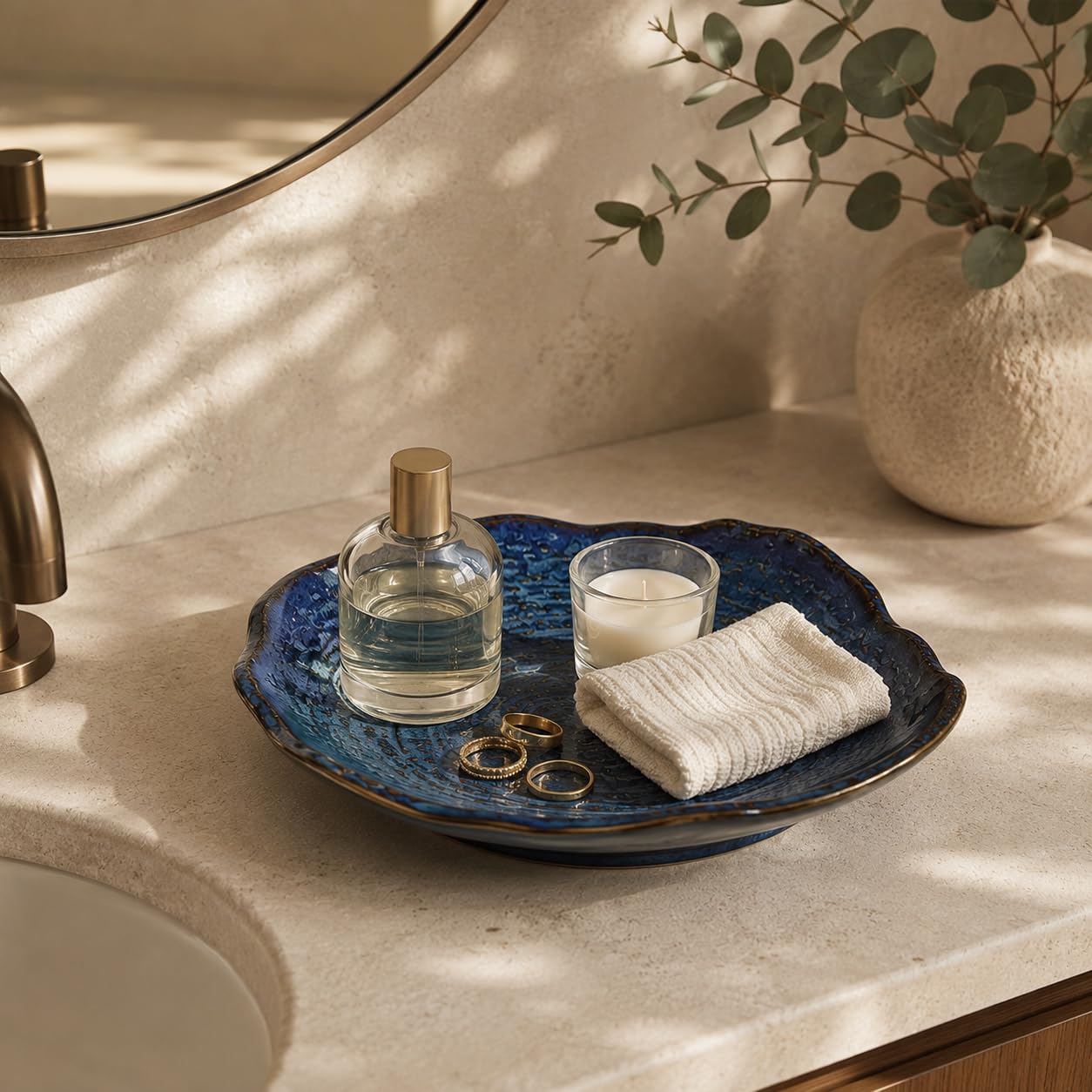 Blue Ceramic Decorative Bowl, 9.65 In Reactive Glaze Style Centerpiece