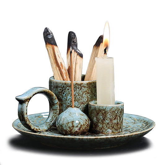 4 in 1 Ceramic Incense Burner Holder with Handle for Burning Sage, Palo Santo Stick, Joss Sticks, Candle in Your New House, Office, Yoga, Meditation Room (Speckled Blue)