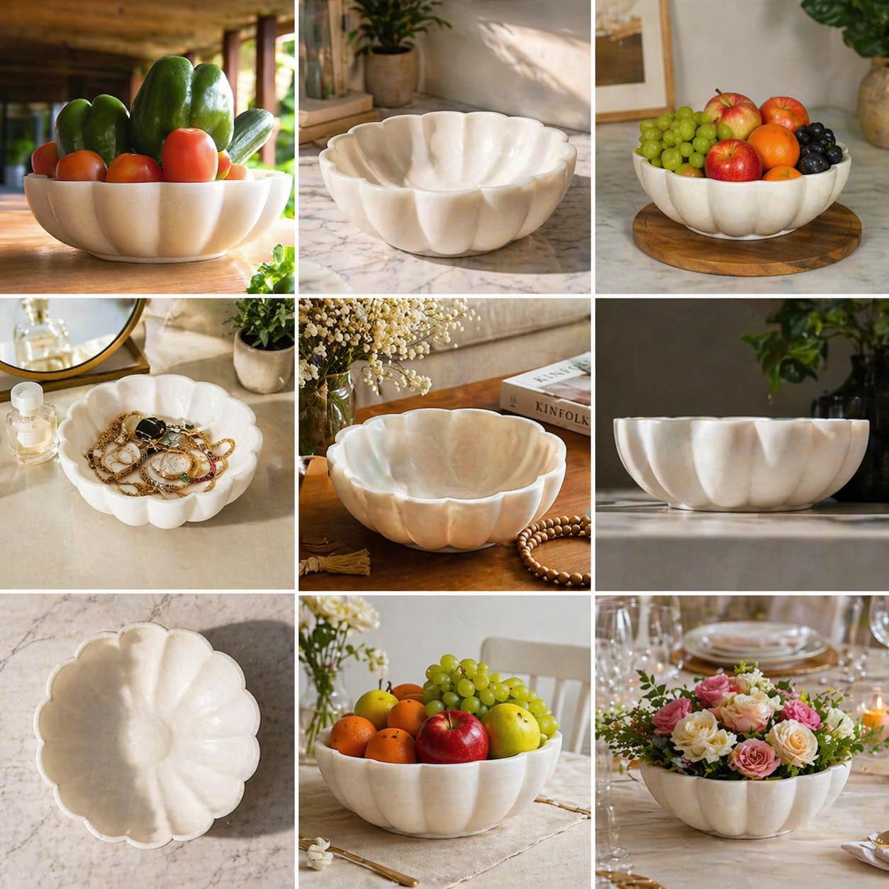 CRAFTFOBIA 10" Large Ruffle Scalloped Bowl for Home marble decor, Handcrafted White Marble Decorative Bowl – Entryway, Kitchen Counter & Living Room kitchen counter decor