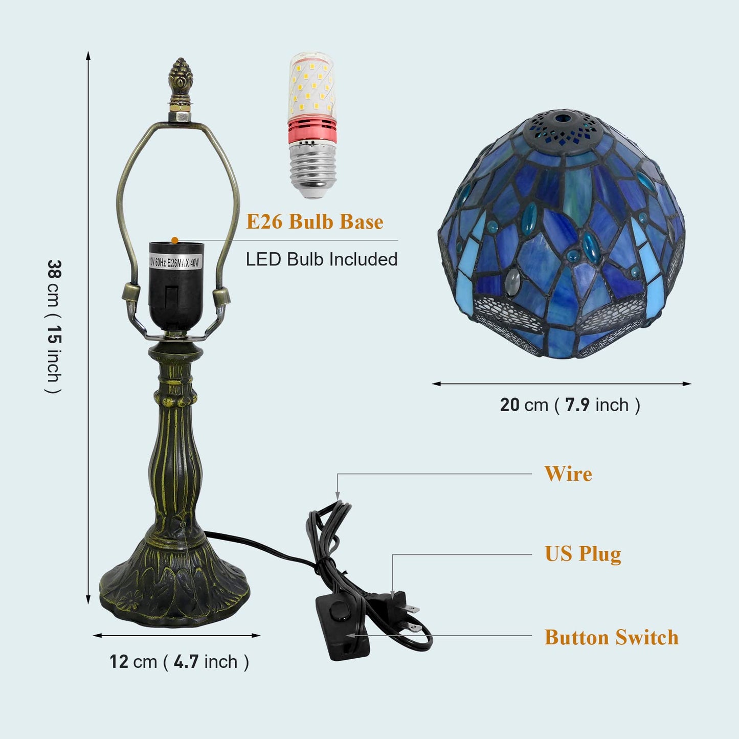 VirtueKing Tiffany Lamp Sea Blue Stained Glass Table Lamp 8X8X15 Inches Dragonfly Style Desk Reading Light Decor Beside Table Lamp for Bedroom Living Room Home Office