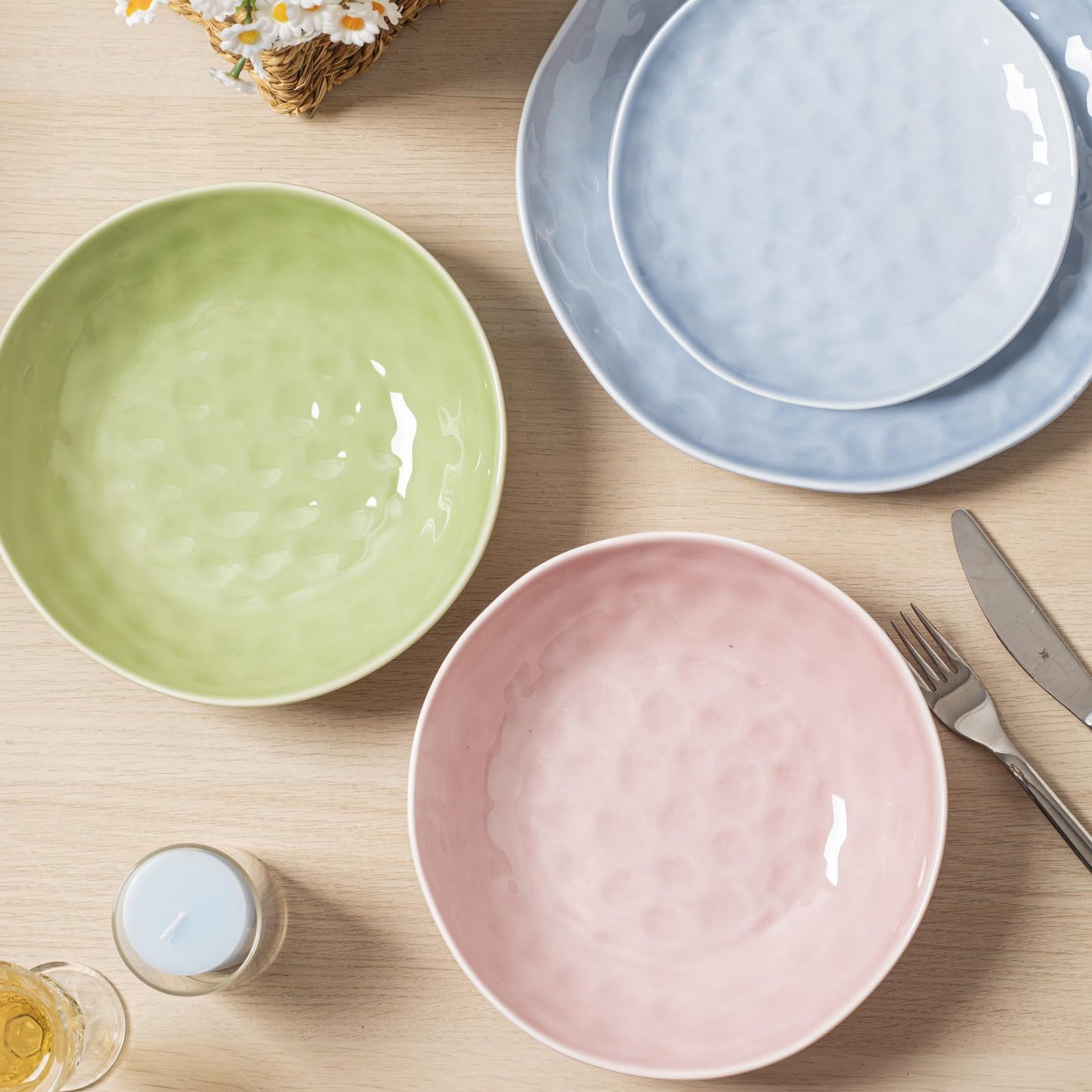HOMBENE Sun-glitter Plate Bowls 42oz, Mint Glow Green Set of 4,Porcelain Wide and Shallow, Noodle Fruit, Dinner, Large Salad Bowls for Serving Soup Kitchen Dinnerware Sets