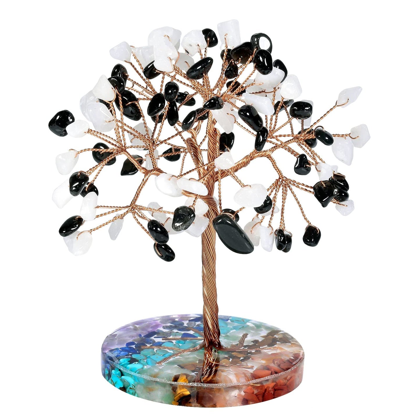 mookaitedecor Natural White Jade & Black Obsidian Crystal Money Tree with 7 Chakra Stones Resin Base Crystal Trees Feng Shui Sculpture Home Office Decoration Good Luck Gift 4-4.6 Inch