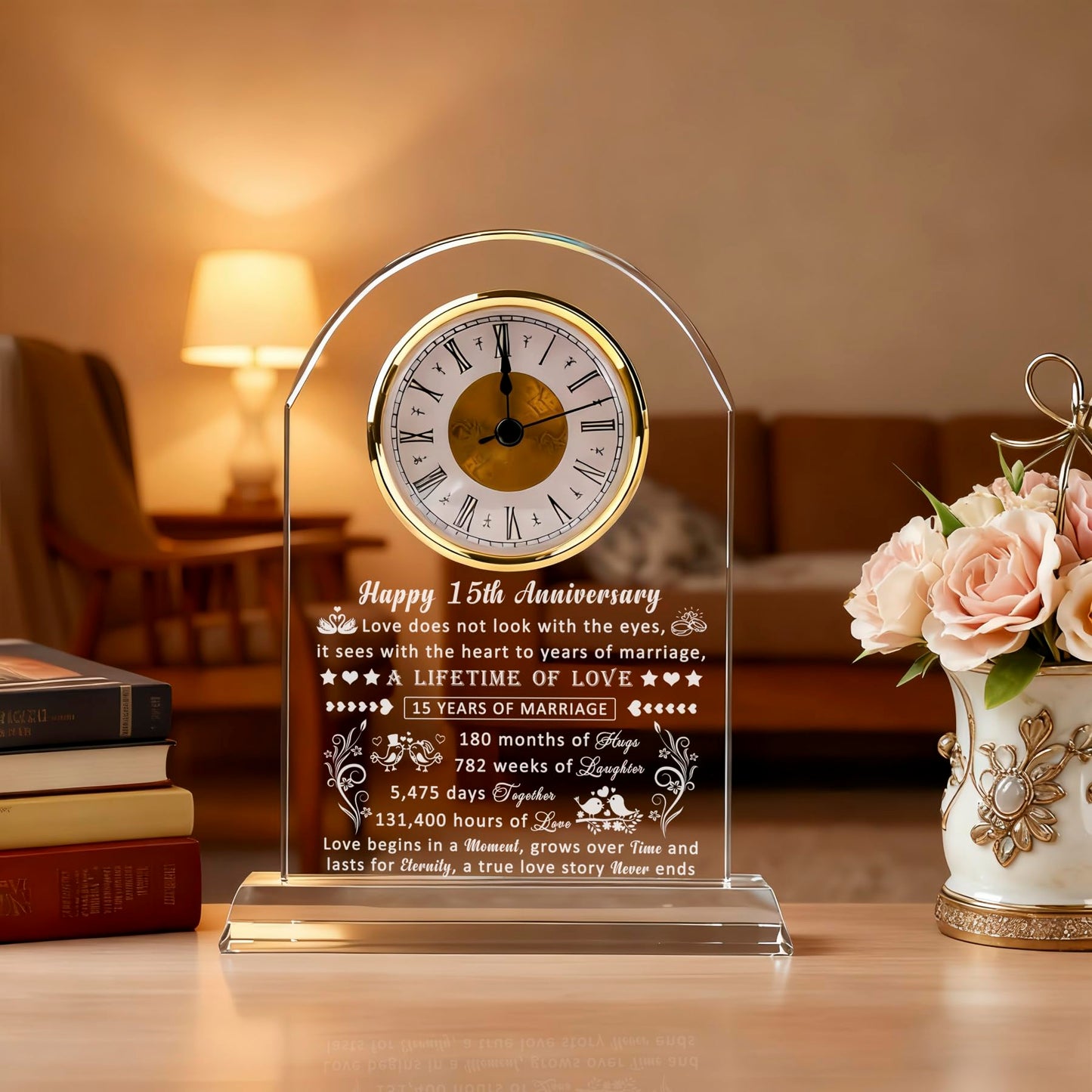 QIANRUNA 15 Year Anniversary Clock Gifts for Him Her, 15th Anniversary Romantic Gifts for Couple, 15 Year Crystal Anniversary Wedding Gifts for Wife Husband Women Men, 15 Years of Marriage Gifts