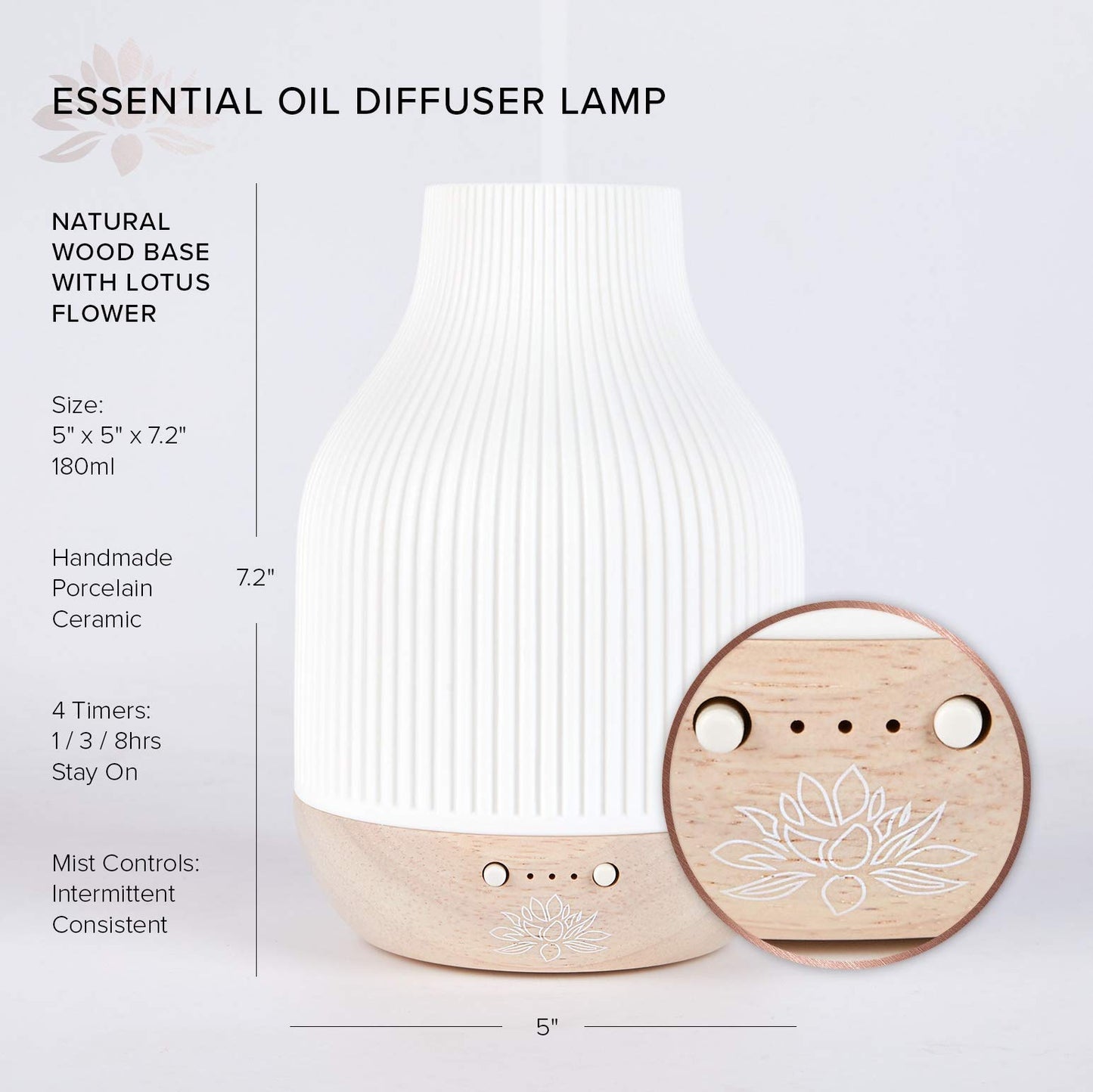 Sacred Lotus Love Ceramic Essential Oil Diffuser – Ultrasonic Aroma Diffuser with Wood Base, Ambient LED Light and Timer Settings