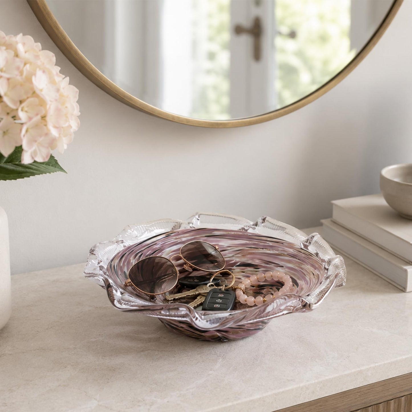 Large Hand Blown Glass Bowl, Ocean Wave Ruffled Rim Decorative Fruit Bowl, Swirled Blown Glass Centerpiece Bowl Glass, Blown Glass Art for Kitchen Counter Fruit Display or Office Candy Bowl (Pink)