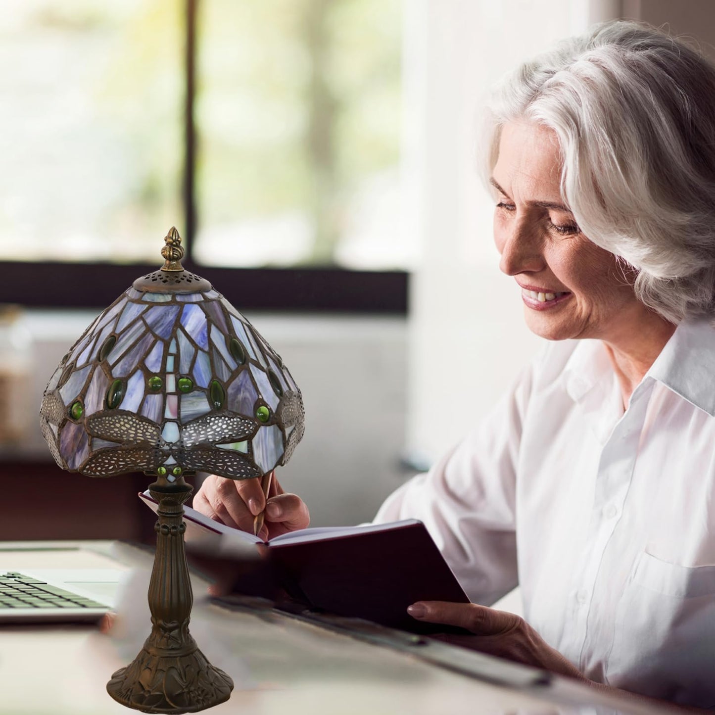 FUMAT Tiffany Small Table Lamp Blue Dragonfly Hand-Made Stained Glass Table Lamps for Bedroom 8.5X8.5X15 Inch Night Light Bedside Nightstand Home Office Desk Lamp W/ E12 LED Bulb
