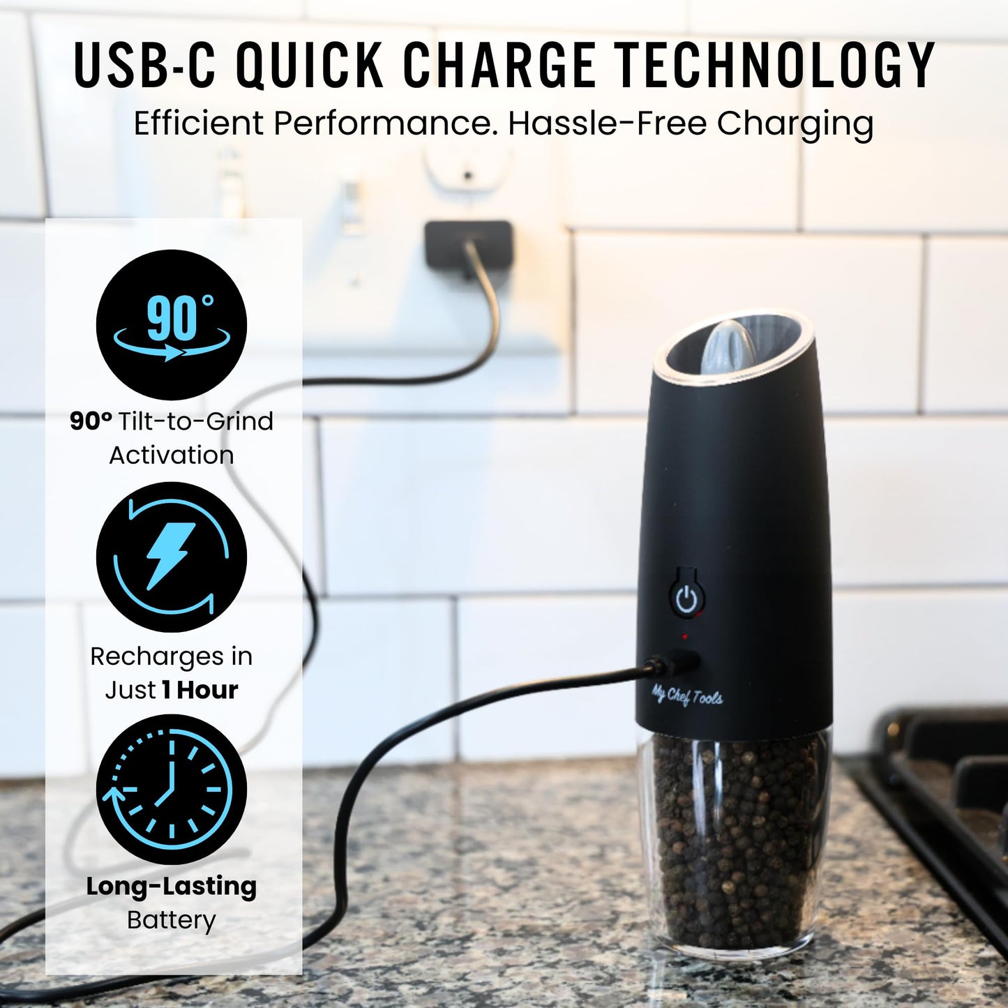My Chef Tools - Electric Salt and Pepper Grinder Set - Rechargeable Automatic Salt Pepper Mill - USB C Charging - LED Light Illumination - Adjustable Coarseness - 2 Pack Black