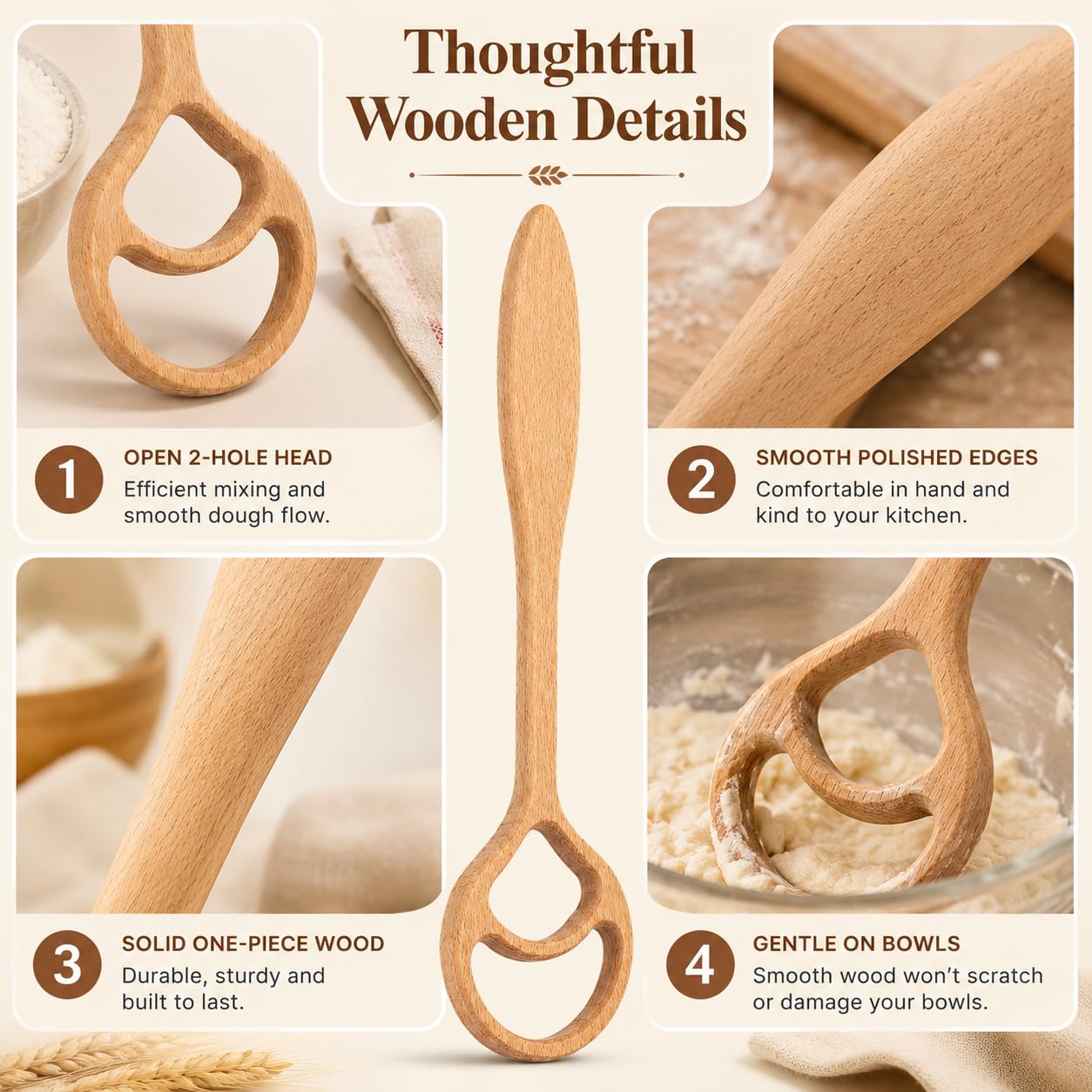 2 Pcs Wooden Danish Dough Whisks for Sourdough Bread, 12.6 in