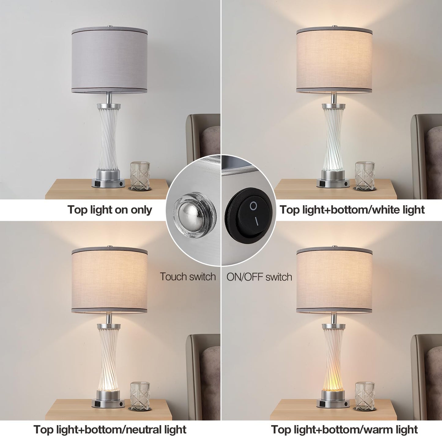 bdayanx 3-Way Dimmable Table Lamp Set of 2,Touch Control Lamp with Night Light,Modern Crystal Table Lamps for Bedroom,Living Room，Bedside Lamps with USB A+C Ports，Fabric Lampshade(Blubs Included)