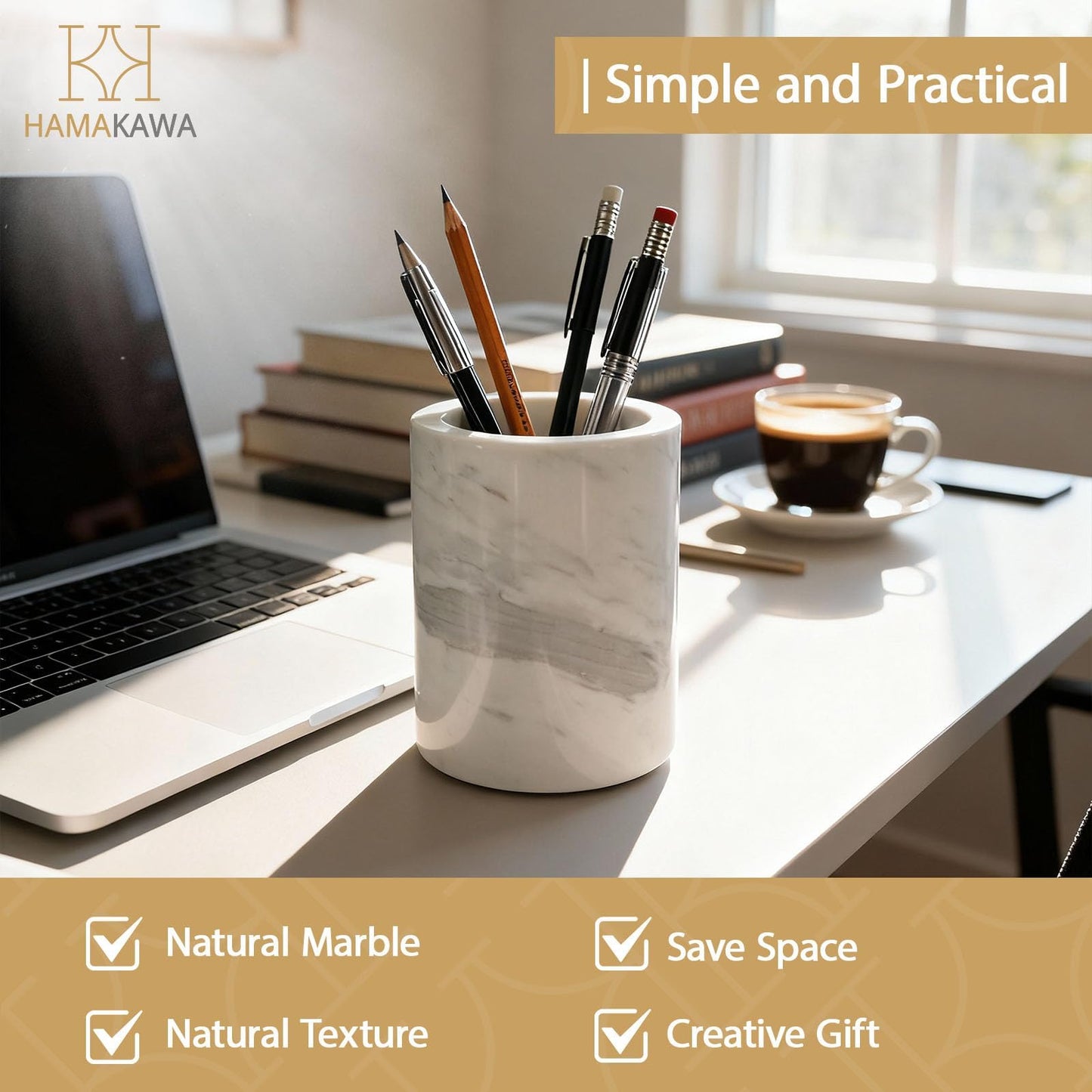 HAMAKAWA Natural Marble Toothbrush Holder, Volakas White Toothbrush Tube for Bathroom, Makeup Shelf, Counter, Bedroom and Dresser