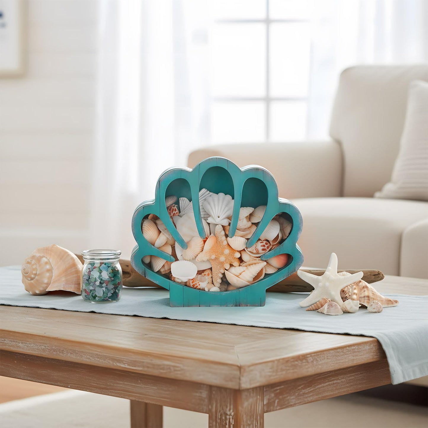 CroBlissful Seashell Holder Seashell Display Box Wooden Small Starfish Shell Display Case with Acrylic Clear Window Shark Tooth Collection Box for Shells Sea Rock Home Decor Present(Green,Shell)