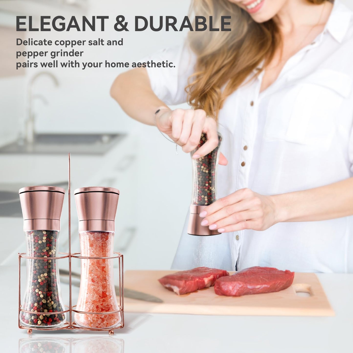 bonris Copper Stainless Steel Salt and Pepper Grinder Set Manual Himalayan Pink Salt Mill|Salt and Pepper Shakers with Adjustable Coarseness and Clear Glass Body (Pack of 2)
