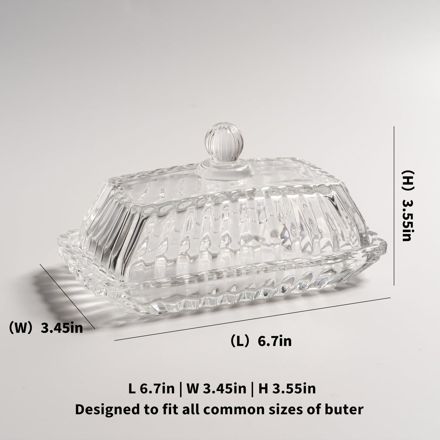 Clear Glass Butter Dish with Lid, Covered Butter Stick Holder Tray, Crystal Glass Butter Storage Container for Fridge Countertop