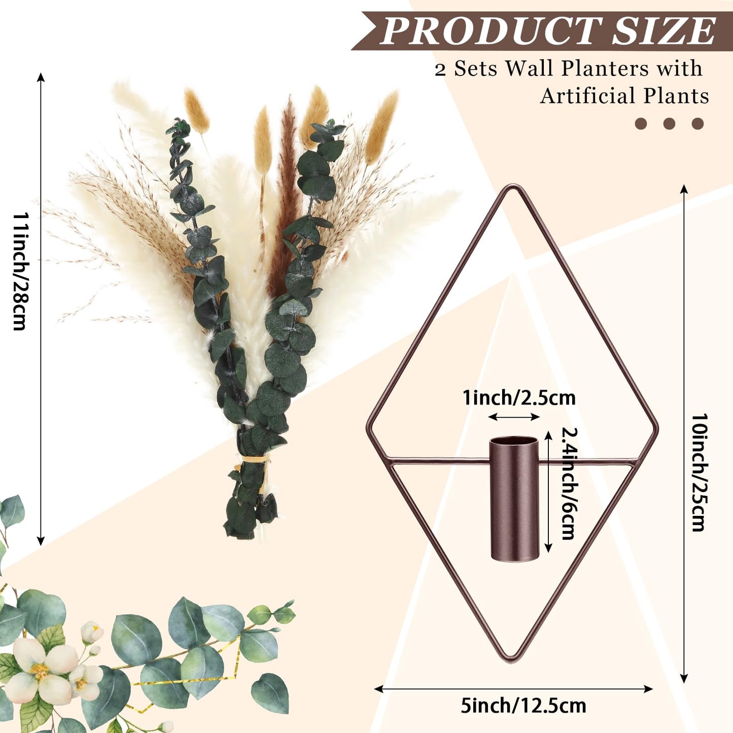 Canlierr 4 Pcs Bronze Wall Decor Hanging Planters with Artificial Plants Eucalyptus Pampas Grass Metal Hanging Vase Indoor Plants Holder Modern Boho Wall Art for Bathroom Bedroom Living Room Decor