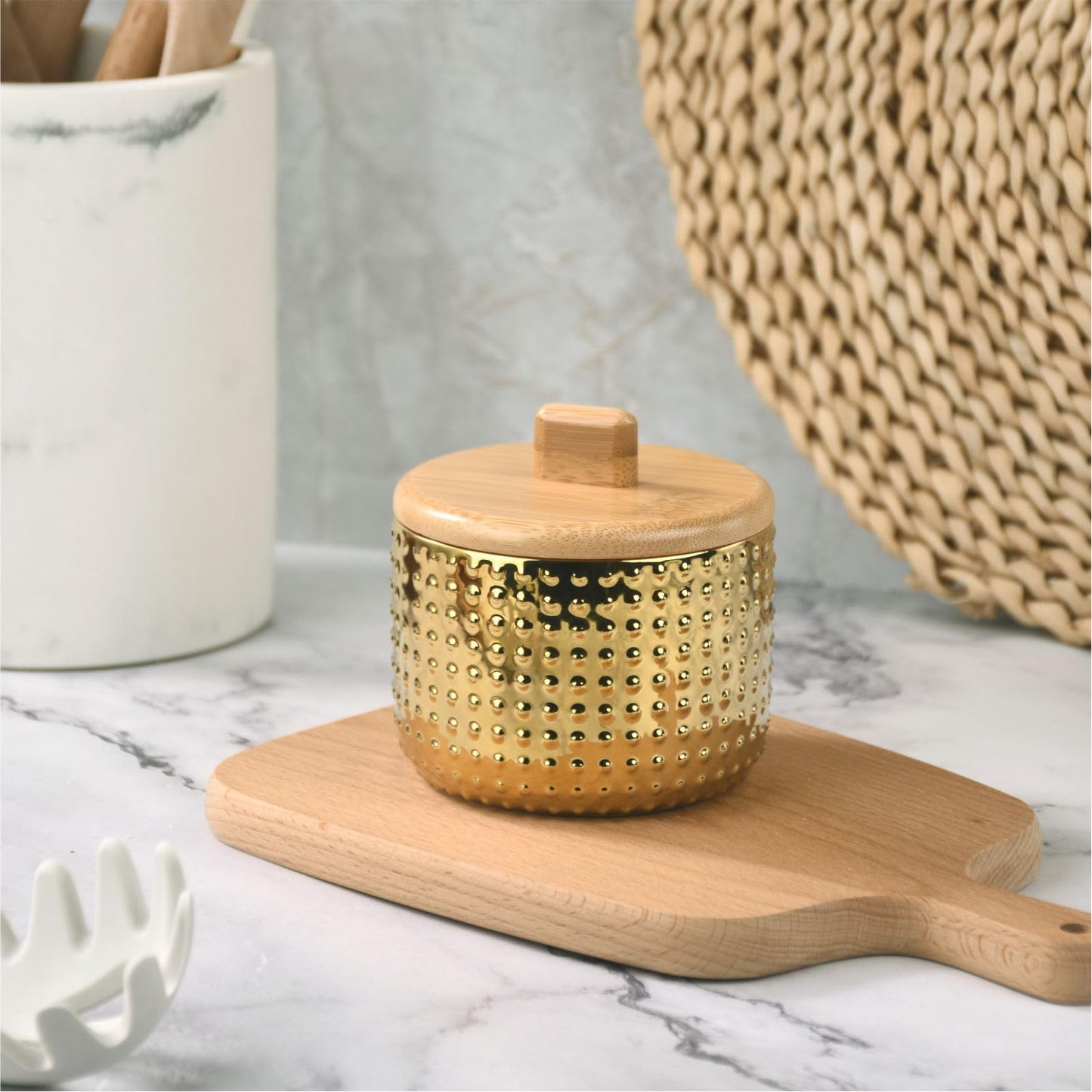 Salt Cellar Keeper with Bamboo Lid, 14oz Big Capacity Ceramic Sugar Bowls Pepper Box, Golden Water Dot Seasoning Container Condiment Pot for Kitchen (Gold Color)