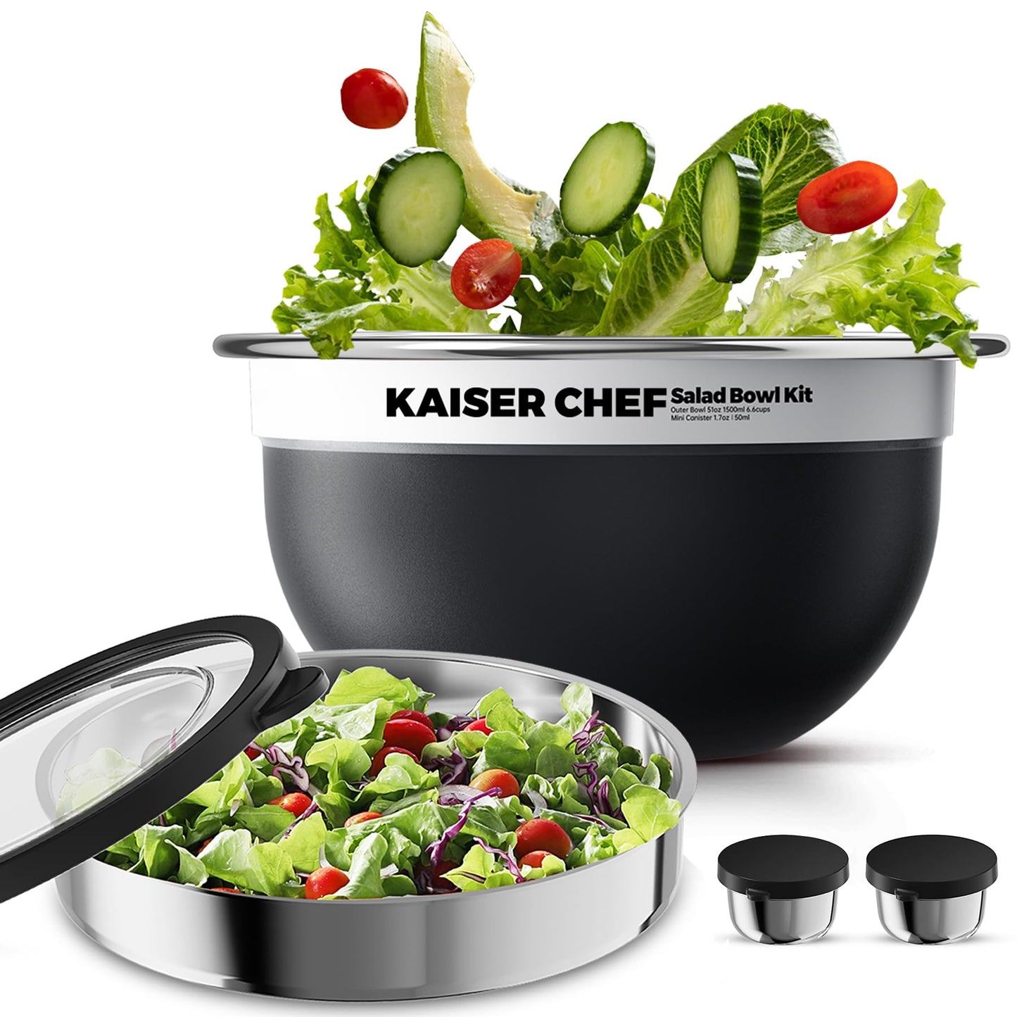Kaiser chef Salad Bowl Kit 74oz,Salad Container For Lunch,18/8 Stainless Steel,Salad Bowl With Lid, Includes 1.7oz Condiment Container and Removable Tray,Leak-Proof, Easy to Clean(Black)