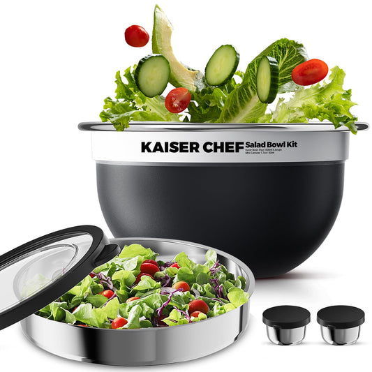 Kaiser chef Salad Bowl Kit 74oz,Salad Container For Lunch,18/8 Stainless Steel,Salad Bowl With Lid, Includes 1.7oz Condiment Container and Removable Tray,Leak-Proof, Easy to Clean(Black)