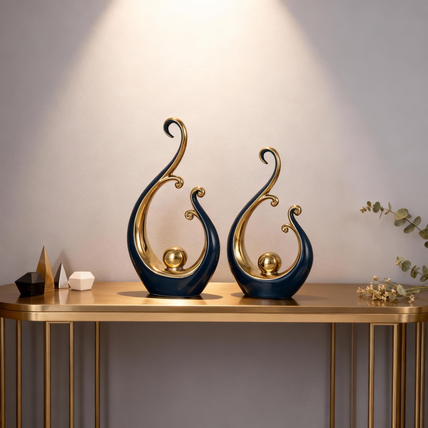 DOVDOV Blue and Gold Home Decor, Abstract Ceramic 2-Piece Sculpture Set, Modern mid-Century Art Statues, Perfect for Accent Tables, countertops, Coffee Tables, and entryway Decor.