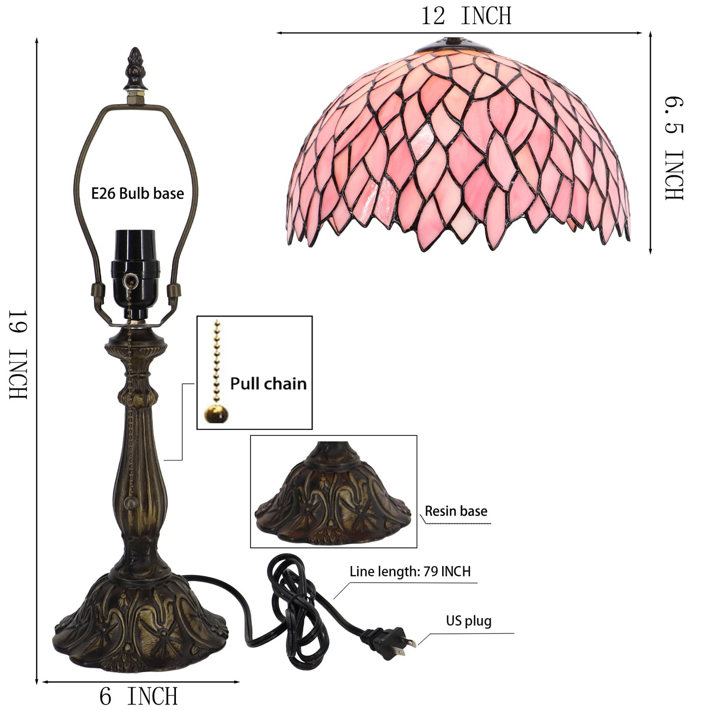 LXHCYOU Tiffany Lamp Stained Glass Table Lamp Bedside Reading Light W12H19 Inches (Pink Wisteria)