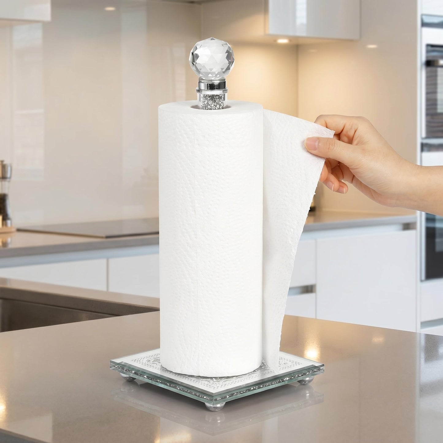 Suwimut Paper Towel Holder Countertop, Silver Paper Towel Roll Dispenser Stand Weighted Base Non Slip Filled with Sparkly Crystal Crushed Diamond for Home Kitchen Bathroom Tabletop