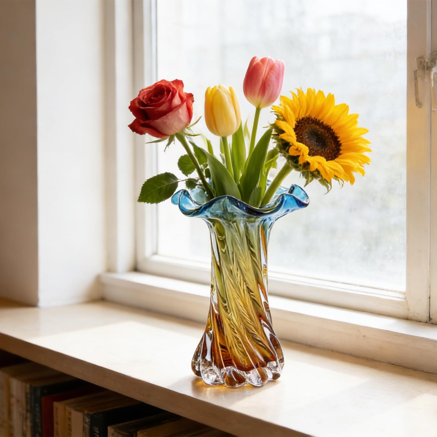 Hand Blown Glass Vase with Flower-Shaped Rim, 10.63in Spiral Swirl Blue to Golden Gradient Vase for Home Centerpiece, Coffee Table, Living Room & Independence Day Decor (S)